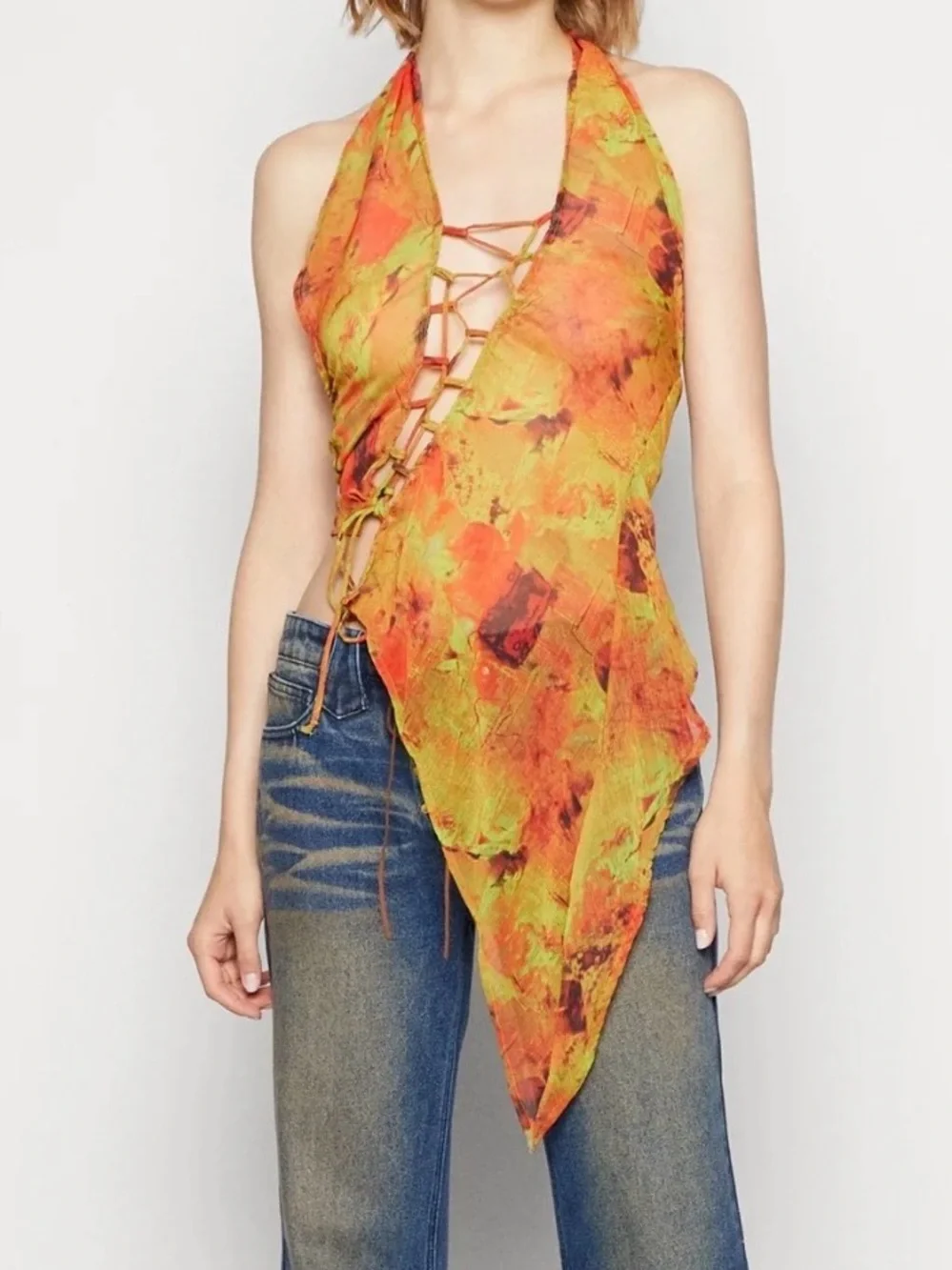 Jaded London LOCO PRINT HALTER LACE UP TOP asymmetrical size 10 - Picture 1 of 7